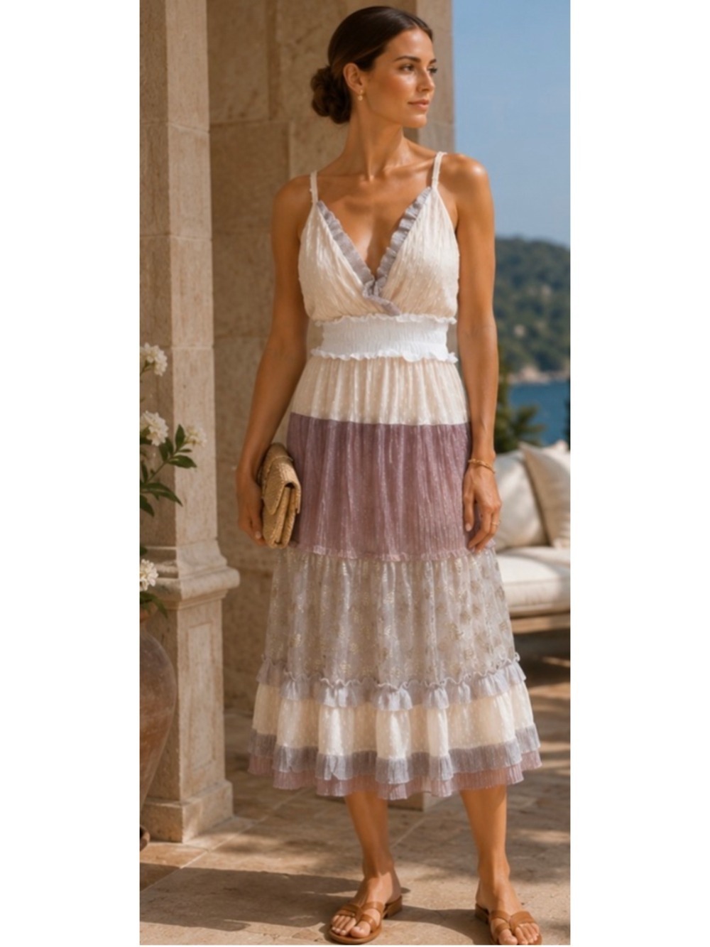 Chio Di Stefano Luxury Resort Wear Midi Dress Size SM Beige Mauve Boho